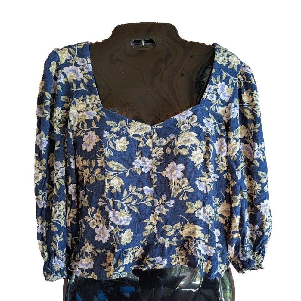 American Eagle Crop Top Womens M Floral Smocked Ruffle Hem Milkmaid Cottagecore